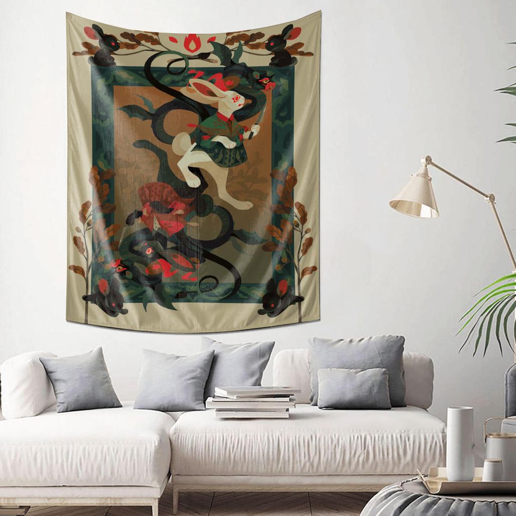 Mysterious Oriental Style Tapestry Rabbit Snake Intertwined Art Pattern Essential Home Decor
