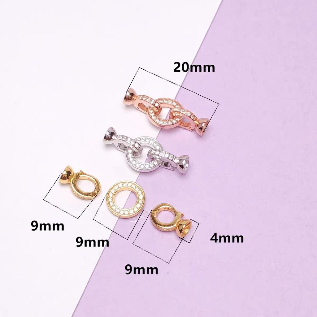 18k Gold-Plated S925 Sterling Silver Round Double Ring Pearl and Crystal Necklace Clasp for DIY Beading.