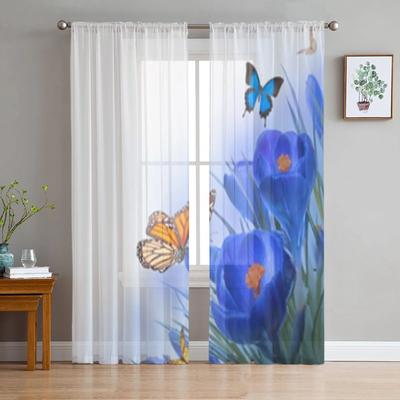 Wiosenny niebieski kwiat z przezroczystymi zasłonami w kształcie motyla do okna salonu przezroczysta zasłona tiulowa zasłony do sypialni Home Decor