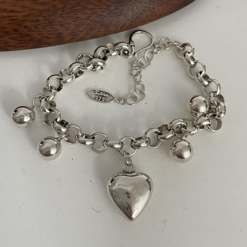 100% Solid 925 Silver Metal Bracelet for Women Vintage Handmade Simple Retro Heart Chain Bracelet Birthday Gift Party