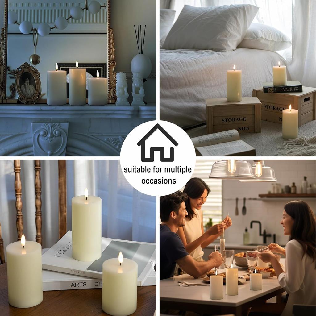 White Flameless Pillar Candles, Battery Operated Wax Candles with Remote, Flat Top Flickering Flameless Candles, LED Candles for Home, Wedding, Party