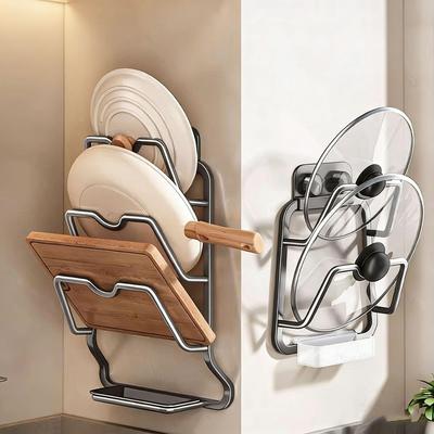 Wall-Mounted Kitchen Storage Rack: Punch-Free Pot Lid, Cutting Board Holder & Multi-Functional Organizer