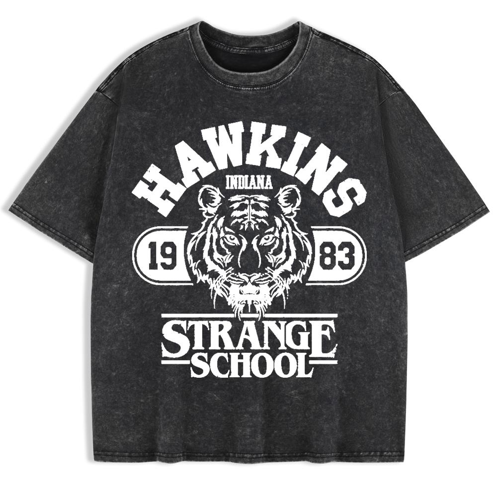 Hawkins Strange School Prints Washed T-Shirts Mens Cotton Short Sleeve Tops Summer O-Neck Oversize T Shirt Clothes