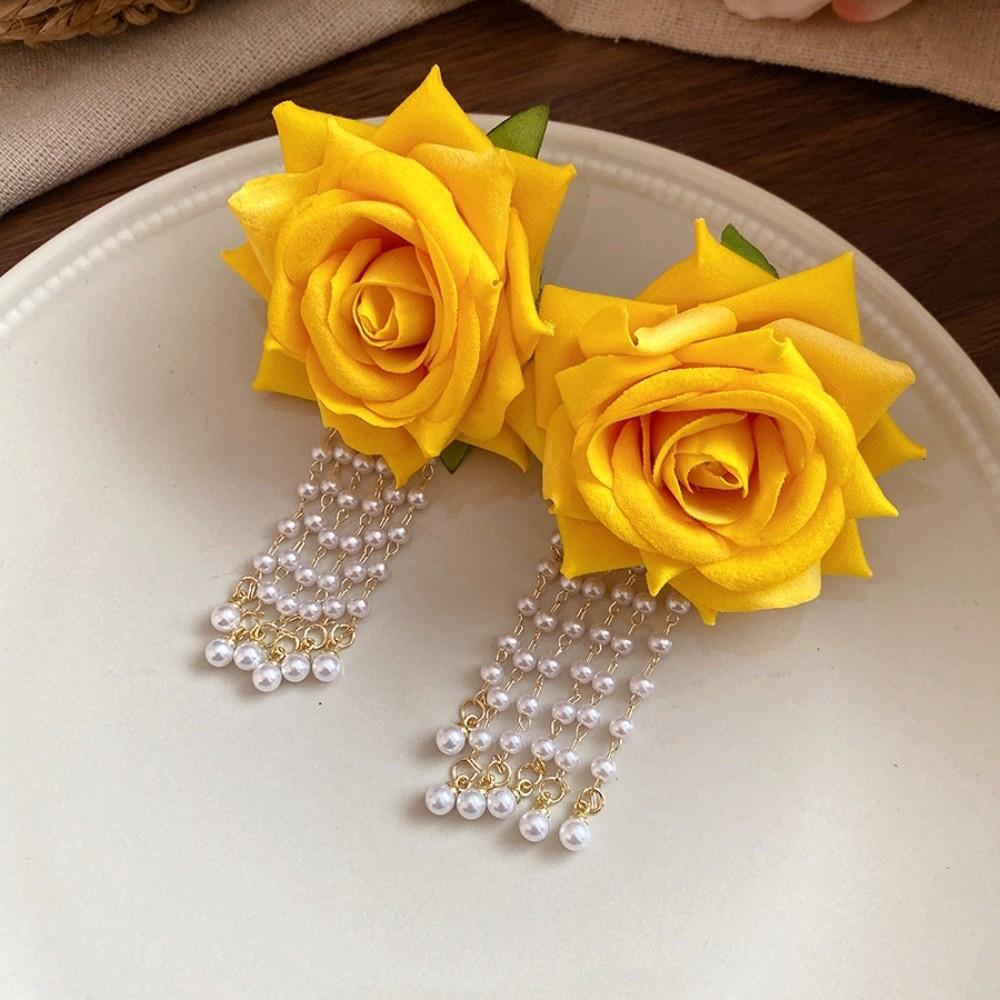 1 pair Bohemian Style Yellow Rose Earrings Chinese Rose Earrings  Festival Ear Accessories
