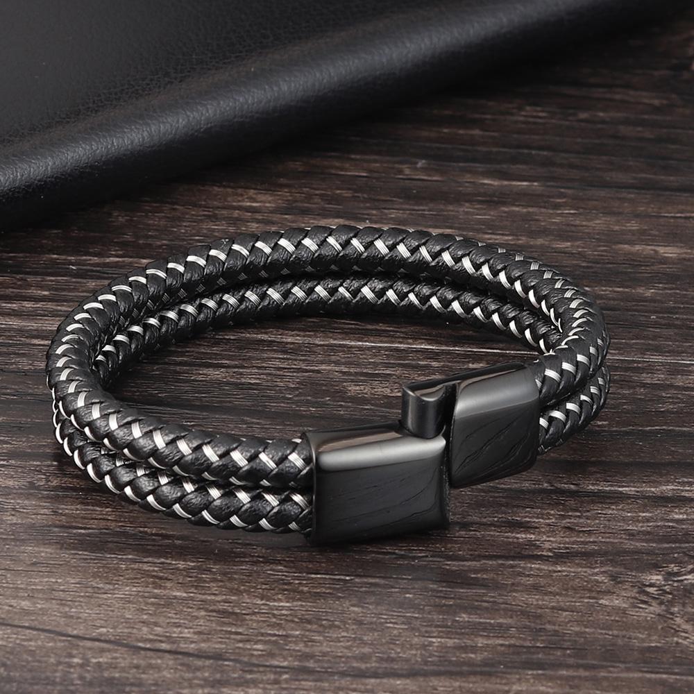Classic Style Leather With Stainless Steel Stitching Combination Men's Bracelet Black/Steel Buckle Party Accessories Gift