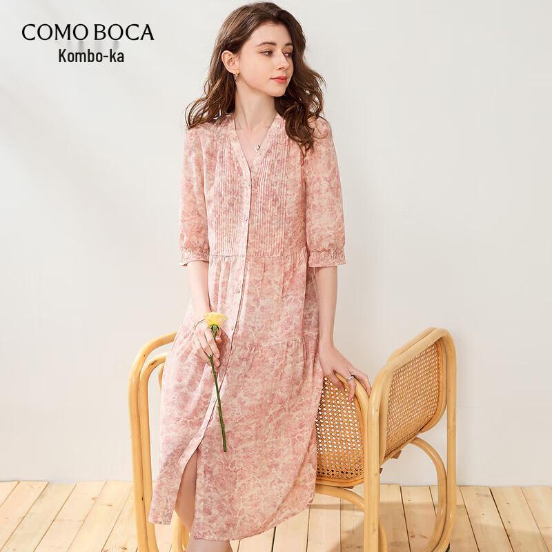 Mulberry Silk French Print V-Neck Midi Dress L