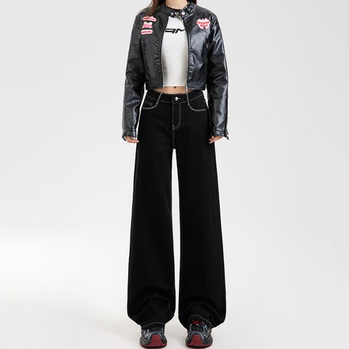 

Осень и Зима Джинсы с высокой посадкой Свободные Прямые Покрывающие Бедра-груши Стройнящие и Делающие Выше и Шире 2XL