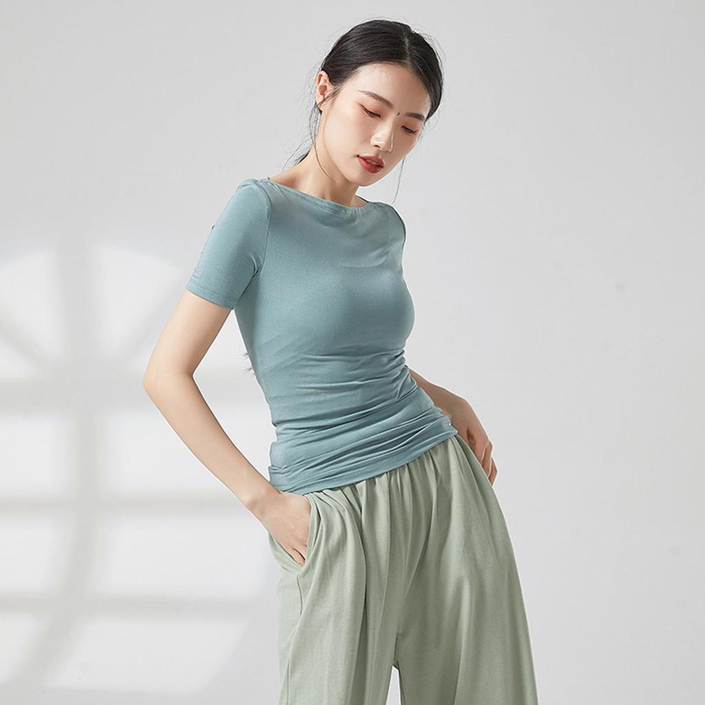 Yuoku Ballet Dance Short Sleeve Boat Neck Practice Stretch Dance Solid Classical Ballroom Dance Elastic Boat Women's Costume, Top, Wear, Top, T-Shirt,