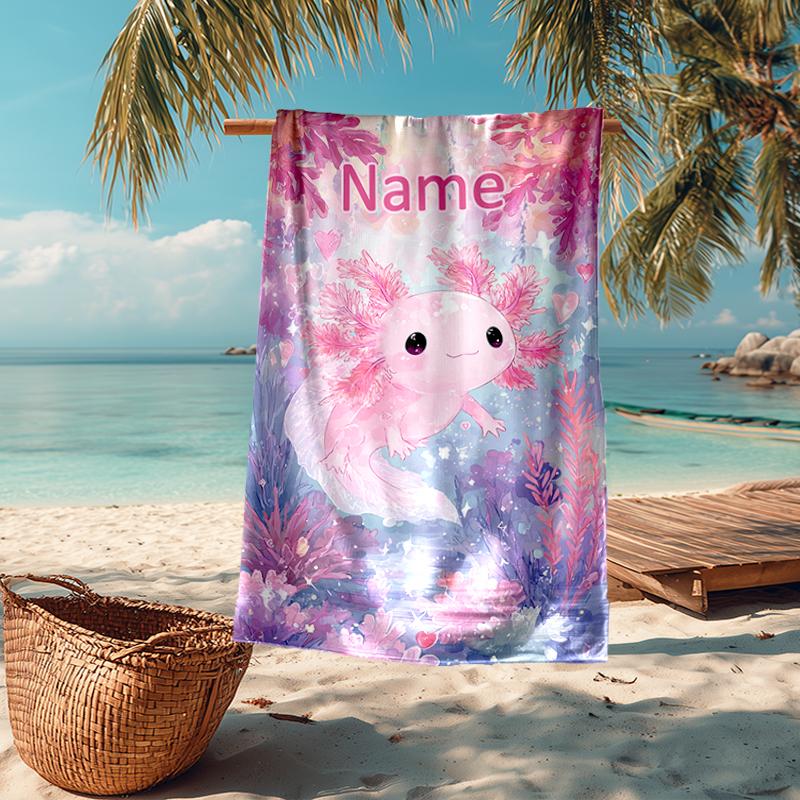 Custom Name Ultra-Soft Beach Towel with Axolotl Theme,Ideal for Pool - Camping, Diving - Perfect Travel Essential, Vibrant Beach Towel.
