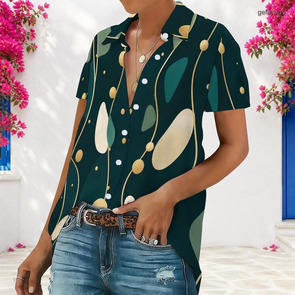 Women Casual V Neck Short Sleeve Button Shirt Luxury Rhinestone Floral Print Loose Plus Size Daily Summer Blouse Tops