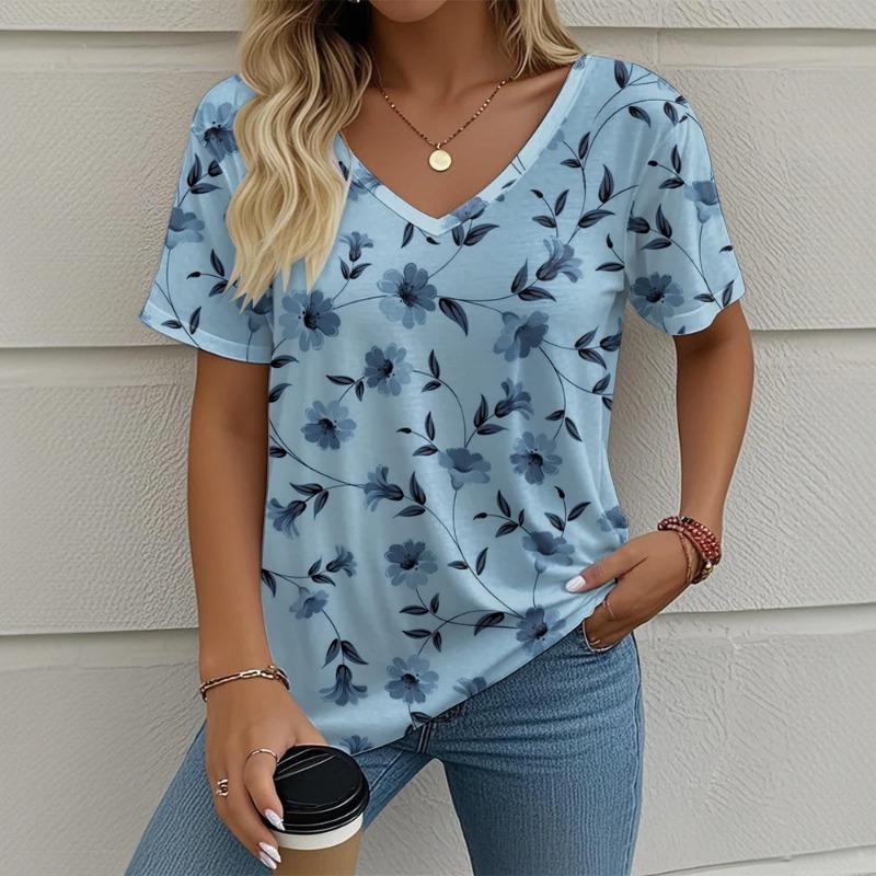 

Women s Summer T-Shirt Plant Flower Print Retro Fashion Casual Short-Sleeved Street Oversized V-Neck Women s Tshirt 5xl