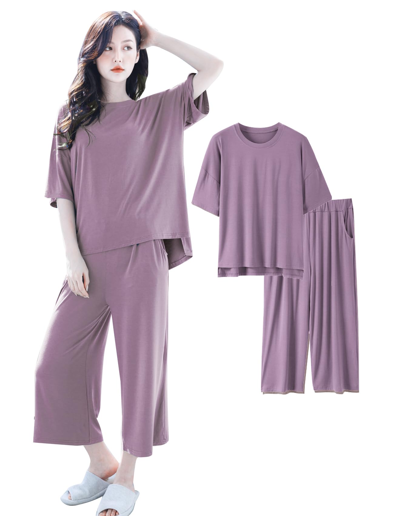 

5A Свободный комплект Летний Фиолетовый [Beatgos] Пижама, Домашняя одежда, Одежда для дома, Женская, Антибактериальная, Посадка, Модал, Вверх, Милый, Весна, (612 M-L)