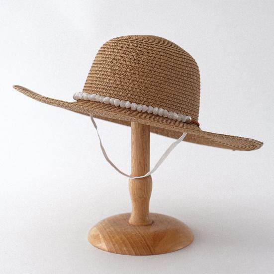Beach Hat with Imitation Pearl Accents Full Face Sun Protection Flat Top Large Brim UV Blocking Summer Straw Hat