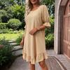 Women's Summer Cotton Linen Dress Casual Crew Neck Short Sleeve Midi Dress Beach Vacation Ruffle Hem Loose Dress
