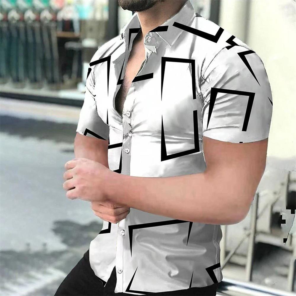Men's Geometric Line Printed Shirt, Summer Casual Fashion, Lapel Button,Comfortable Fabric, Short Sleeve Shirt, 2024