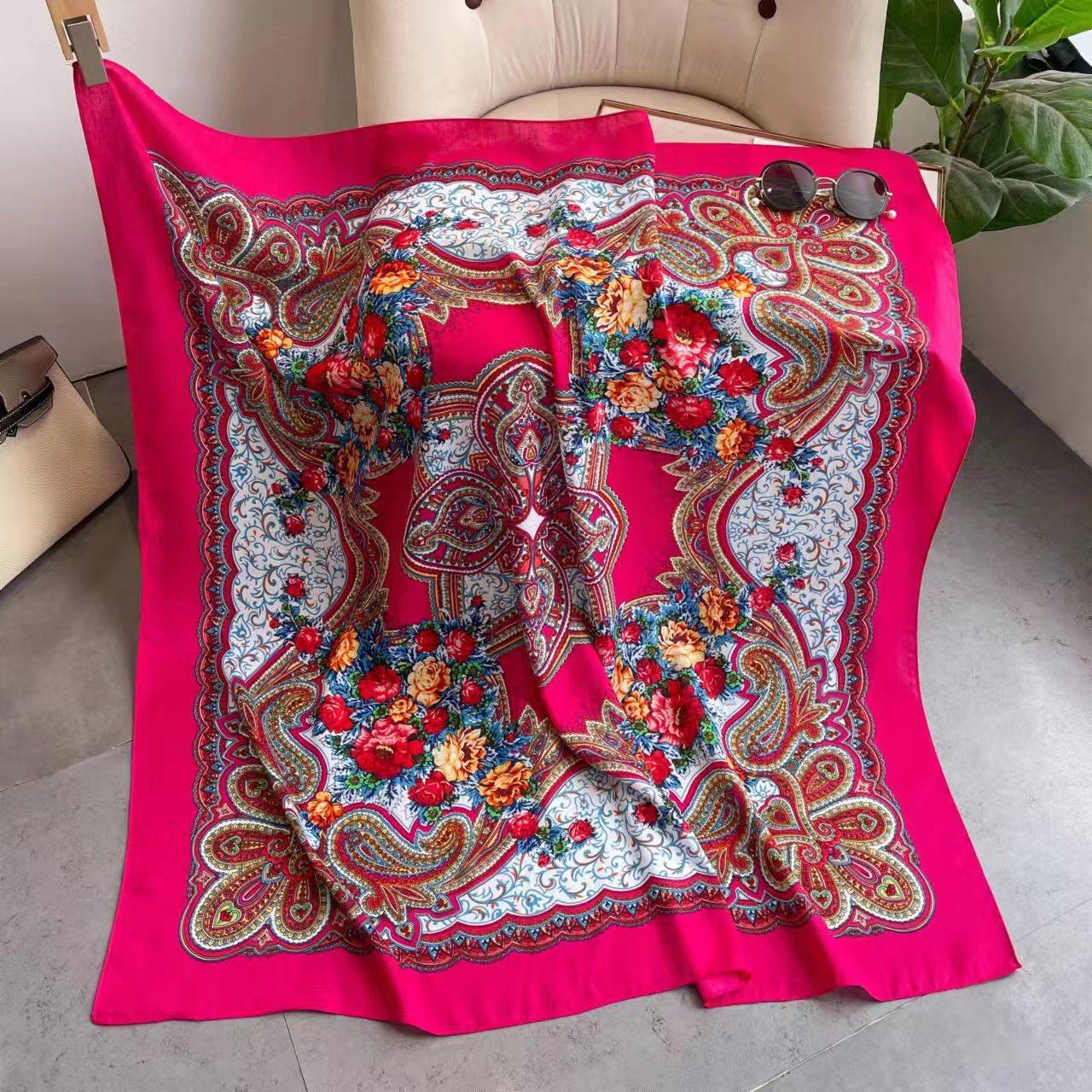 110*110Cm Russian Style Floral Print Square Scarf Paisley Bandana Traditional Ukrainian Shawl Babushka Handkerchief Head Scarves 110X110cm