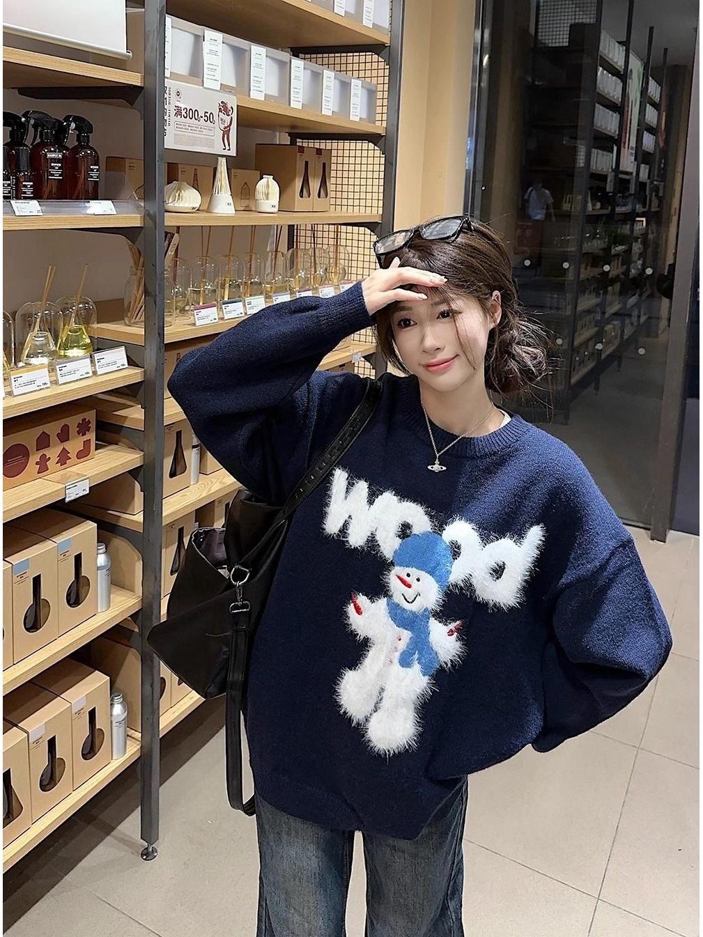

Мультяшный свитер из мериносовой шерсти с уютным снеговиком - Женский осенне-зимний пуловер с круглым вырезом, свободный и мягкий One Size темно-синий