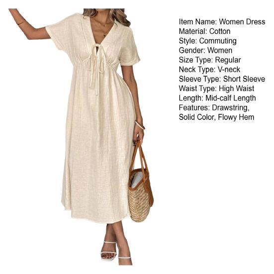 Women Dress V-neck Lace-up Short Sleeve High Waist Midi Dress Solid Color Flowy Hem Casual Dress Daily Wear