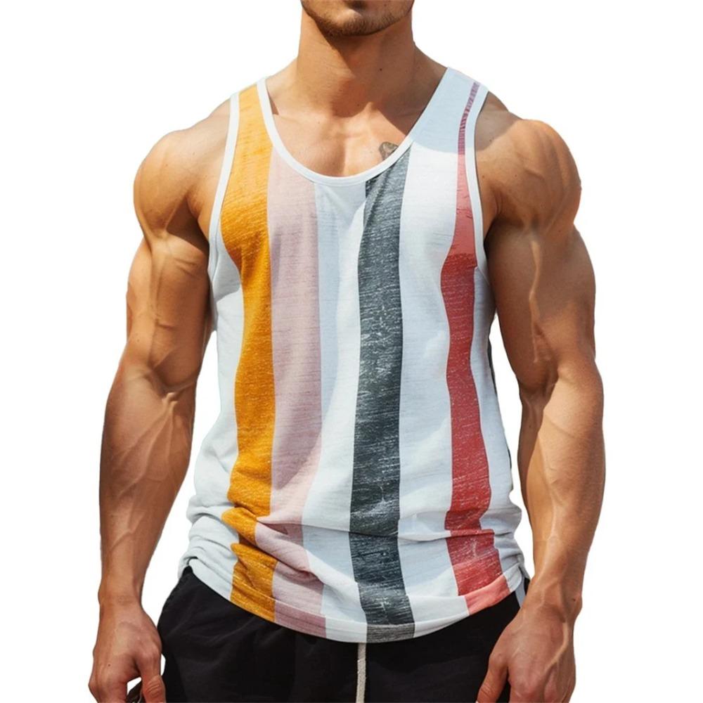 Mens Retro Stripe Graphic Vest Fashion Summer Sleeveless Casual 3D Printed Vest Loose Soft Comfortable Breathable Vest