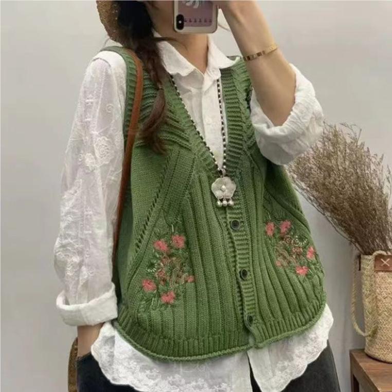 Chalecos de Punto Bordados Vintage Cárdigan sin Mangas Botones Bolsillos Abrigos de Primavera Otoño Diseño de Chaleco Chalecos de Tendencia XXL verde