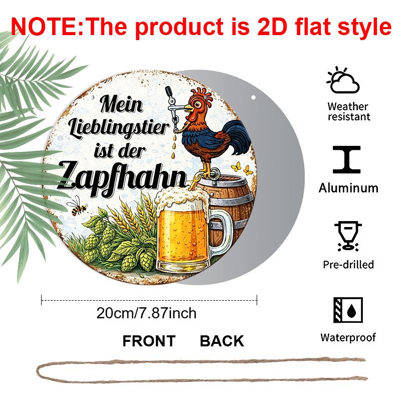 Płaski 2D, 1 szt. Okrągły Aluminiowy Niemiecki Znak "Moim ulubionym zwierzęciem jest kran", Zabawny Kogut i Kran Piwny Metalowa Sztuka Ścienna, Vintage Rustykalny Wystrój Baru