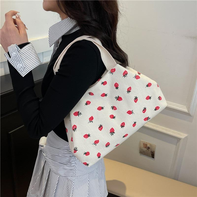 Large-capacity Beautiful Women's Bag Summer New Strip Velvet Strawberry Print Versatile Single Shoulder Portable Commuter Tote Bag