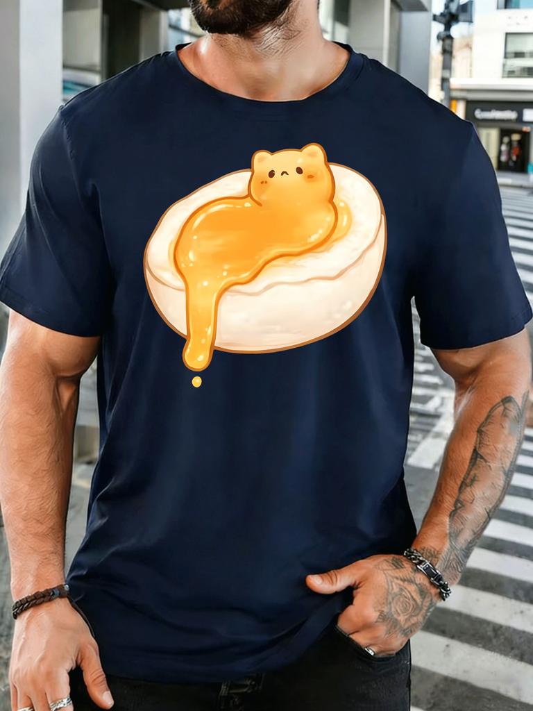 Cute Honey Cat On Toast Unisexs Front Print T Shirt Kawaii Animal Food Graphic Tee Casual Short Sleeve Top Lovely Cat Lover Gift