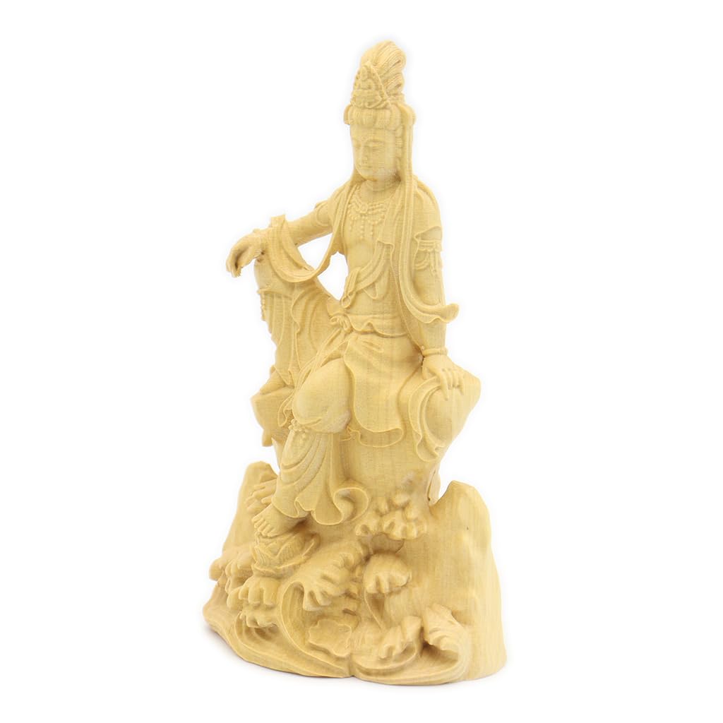 Specialty Buddhist Statue Kannon Bodhisattva Statue height width depth Miniature Kannon carving made from water boxwood with a rock base on the 8236
