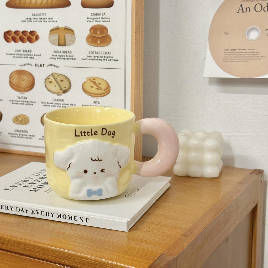 Puppy Mug with Lid Spoon Cute High Looking Couple Water Cup for Girls Home Creative Ceramic Cup Souvenir
