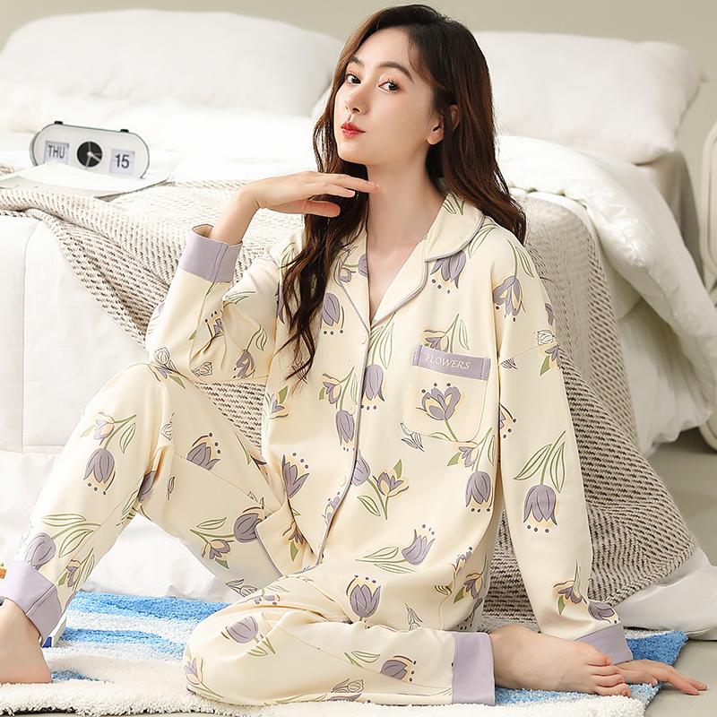 Blue Pajamas Set White Tulip Sweet Long Sleeves Long Pants Autumn Winter Cute Sleepwear Cozy Pyjamas Soft Pijamas Lady Pjs Girls