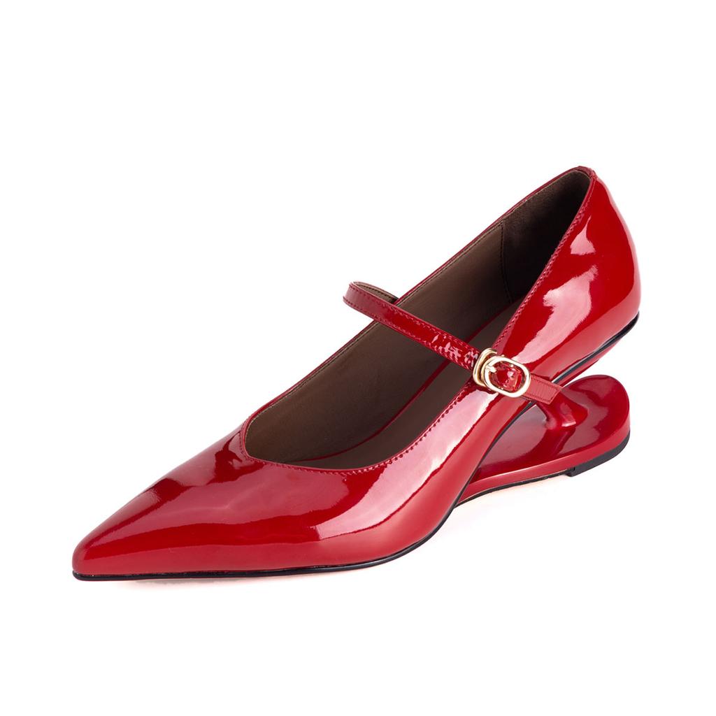 Arden Furtado Spring Cowhide Alien Heel Pumps Pointed Toe One Word Buckle Wedges Large Size Single Shoe High-heeled Shoes