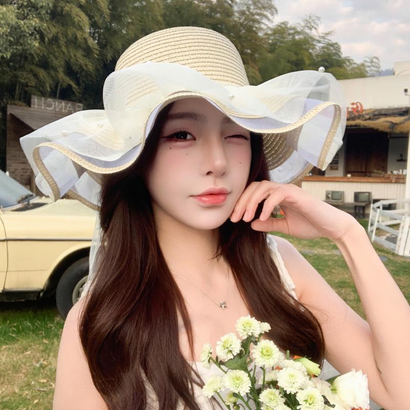 Straw Sun Hat With Wide Brim And Pearl Bow For Summer Beach Vacation