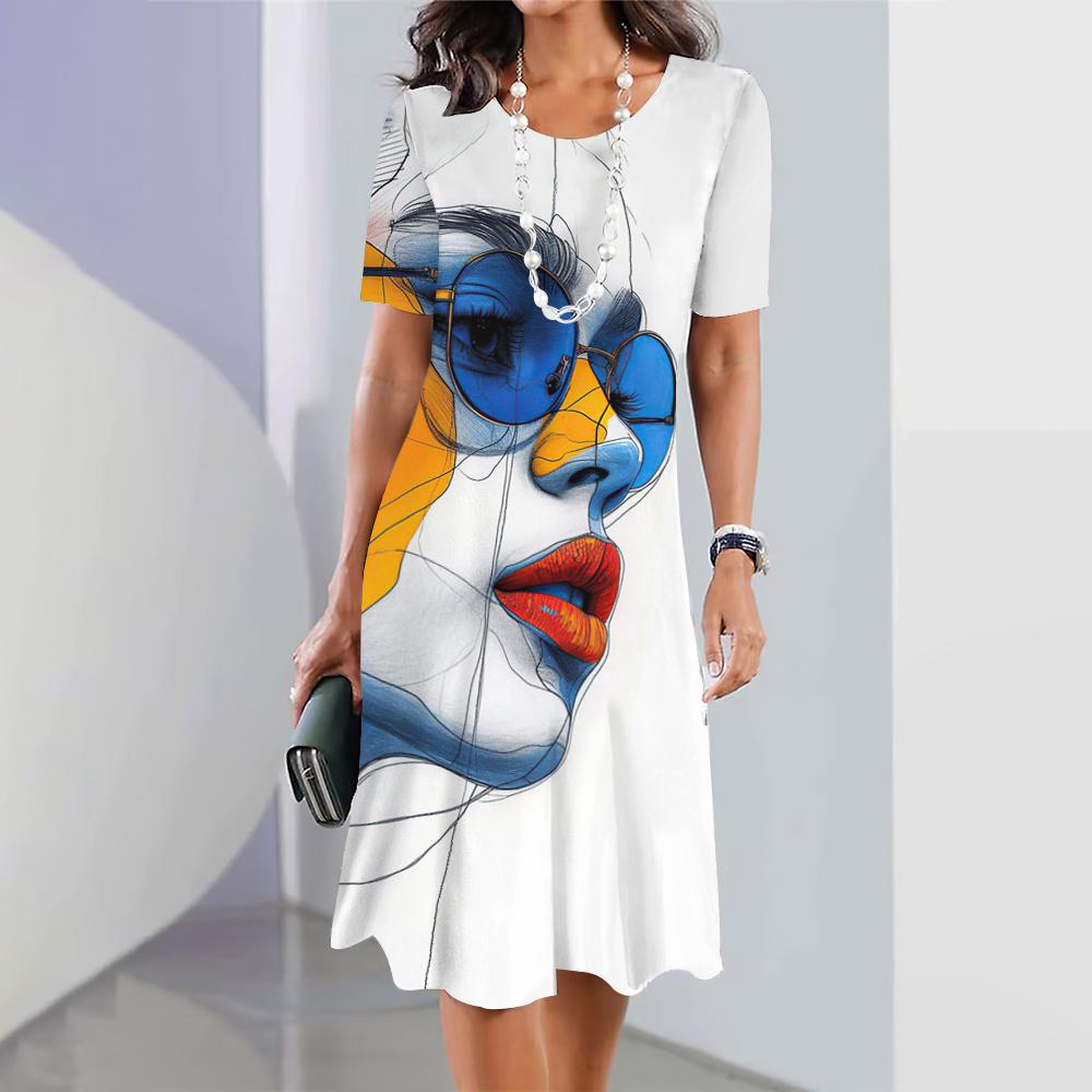 2024 New 3D Face Print Dresses For Women's Elegant Midi Dresses Summer Female Short Sleeve Dress Fashion Oversized Clothes