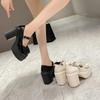 Fashion Summer and Autumn Fashion New Solid Color Bowknot Popular Thick-soled Buckle Round Toe High-heeled Shoes for Women