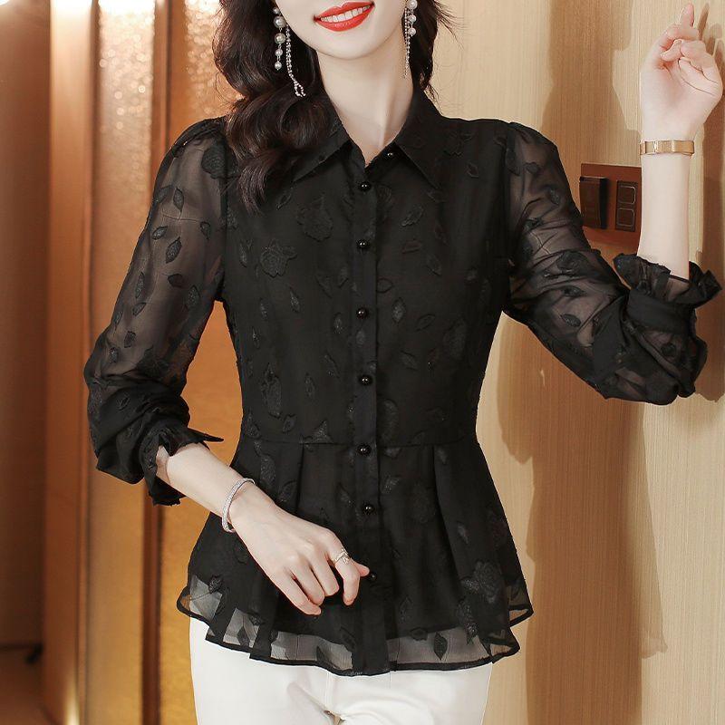 Elegant Floral Long Sleeve Chiffon Blouse Women's Autumn Collection Waist-cinching Stylish Skirt Top