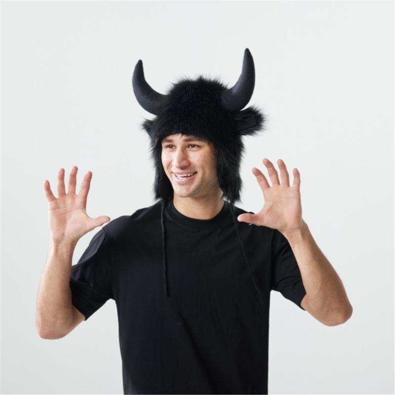 Funny Plush Hat With EarFlaps Bull Horn For Winter Outdoor Activity Cold Weather Head Protectors Halloween Headpiece