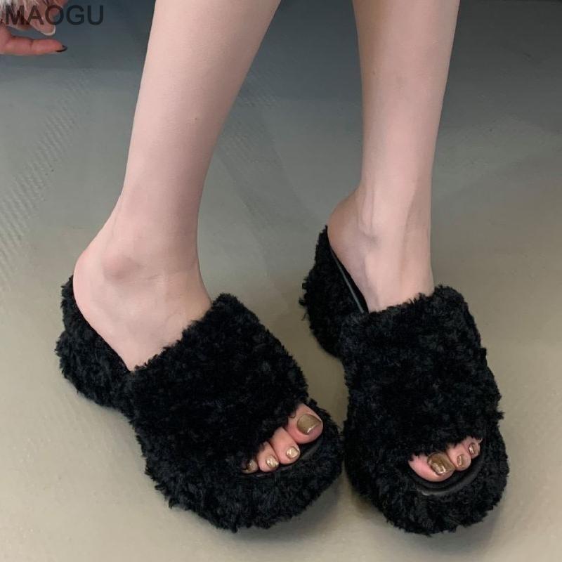 Women's Open Toe Platform Slide Sandals Chunky Heel Summer Fur Flip Flops Fashion Height Increasing Casual Shoes Pantuflas Mujer
