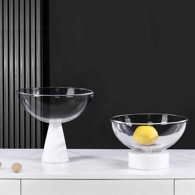 Creative Circular High Footed Glass Tray, Fruit Tray, White Marble Decorative Tray, Dessert Bowl, Kitchen Storage Container