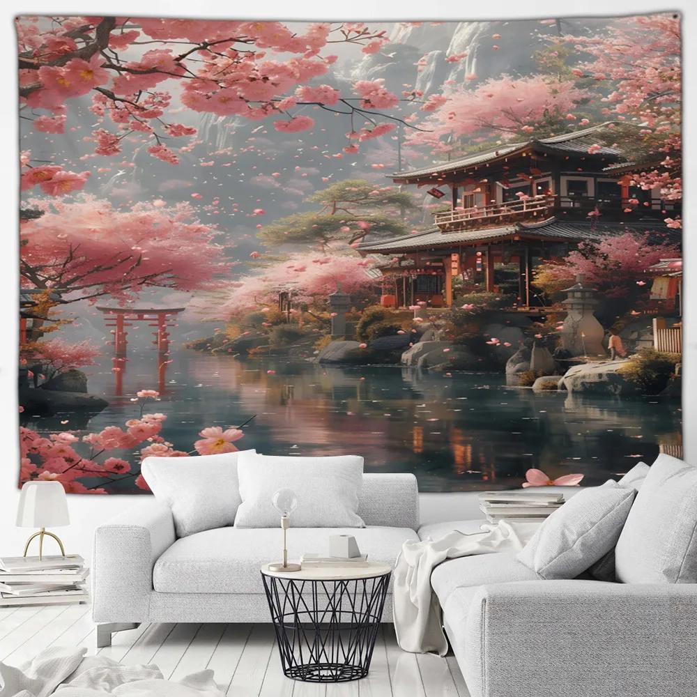 Cherry Blossom Mountain Wall Tapestry Japanese Art Print Boho Decor For Bedroom Living Room Zen Theme Home Interior Hanging