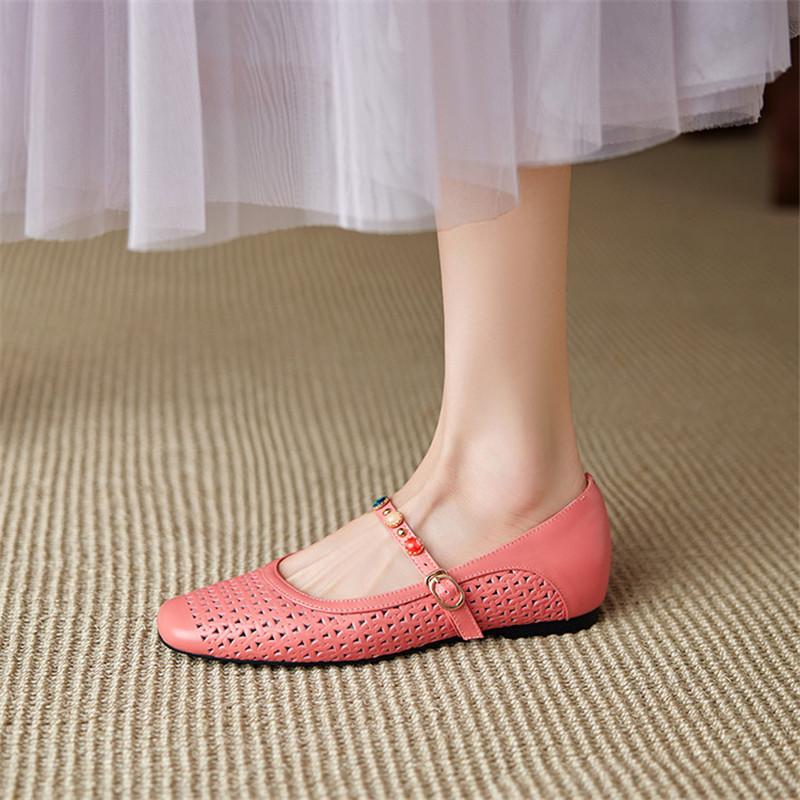 Fashion New Summer Cow Leather Woman Shoe Round Toe Women Pumps Shoes for Women Fashion Hollow Out Mary Jane Shoes Low Heel Flat Shoes