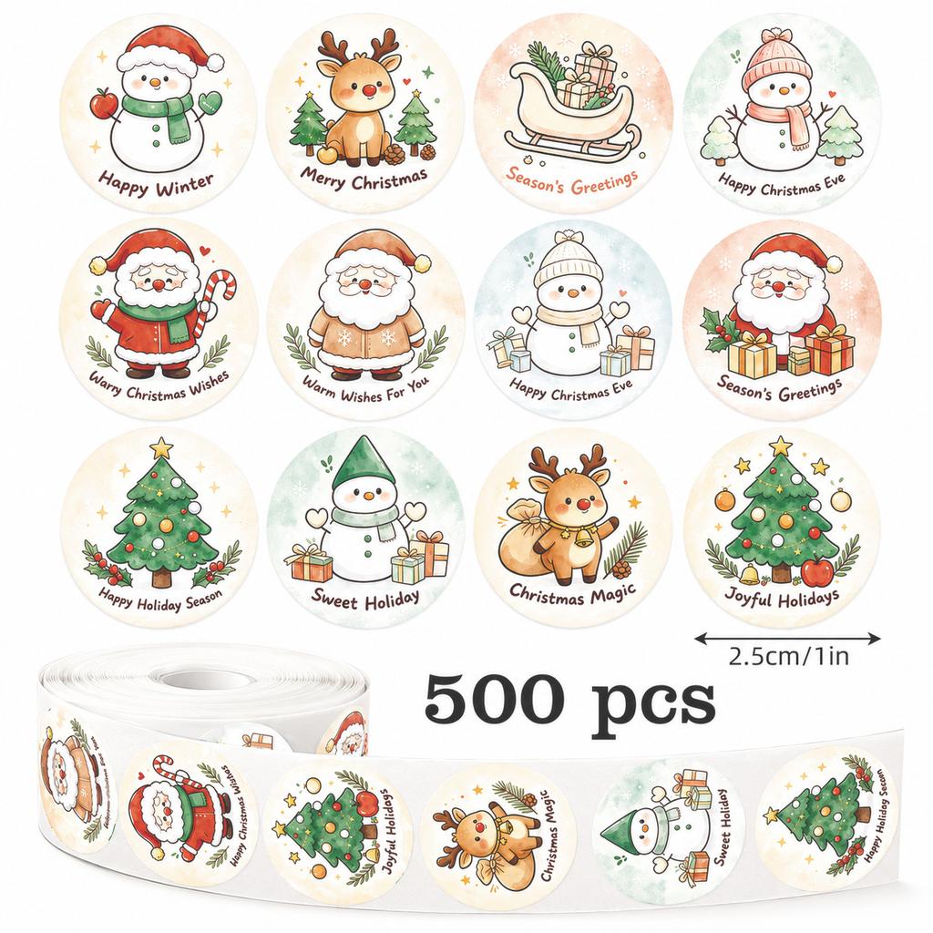 500Pcs/roll Merry Christmas Sticker Cute Santa Snowman Elk Gift Seal Labels Wrapping Decor Stickers for Bag Envelope