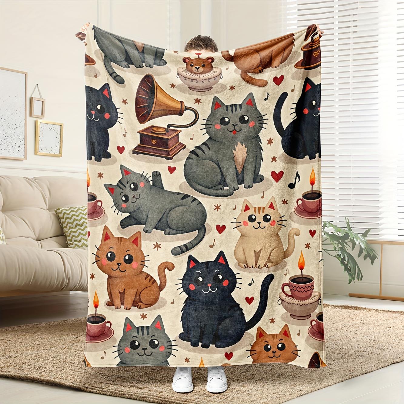 

Short-haired cat pattern, beige, heart-shaped and paw-print pattern - machine washable fiber blanket suitable for beds and sofas 75x90cm
