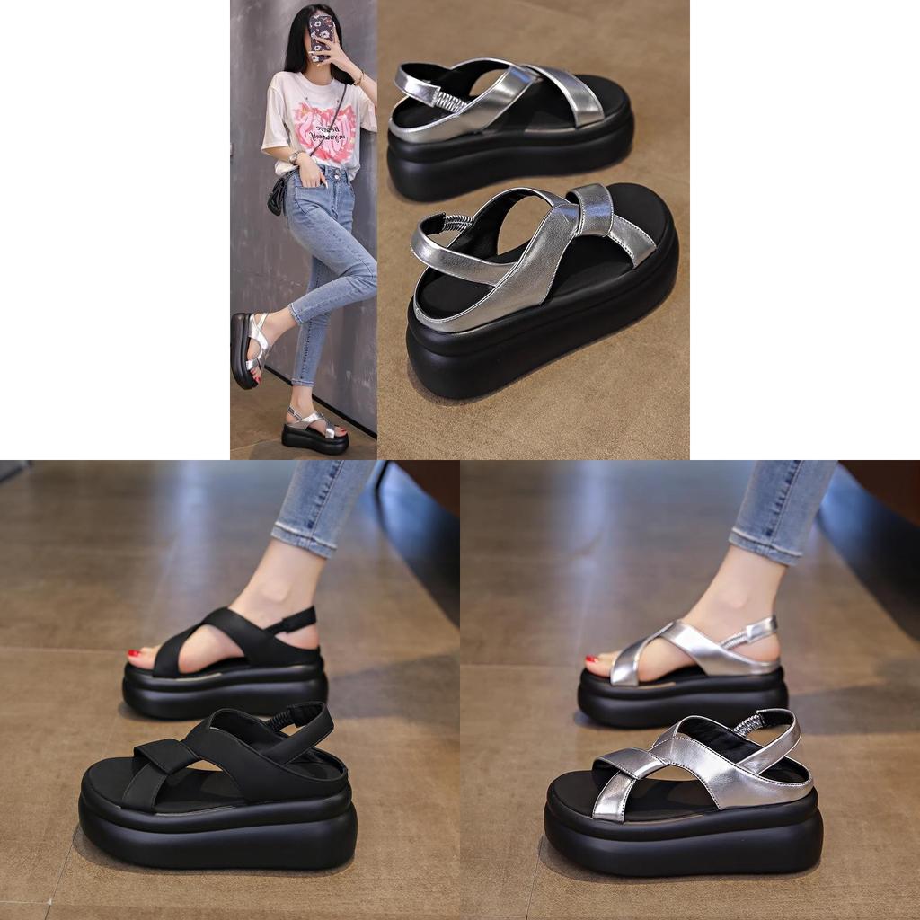 Summer Female Platform Sandals With Crossed Pu Upper And Rubber Sole For Beach Casuals