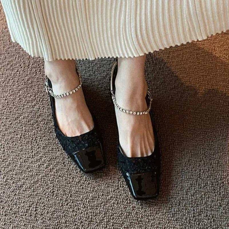 2025 Brand Ladies Shoes Shallow Women's High Heels Bling Square Toe Dress Pumps Women Best Seller The Chain Mary Janes