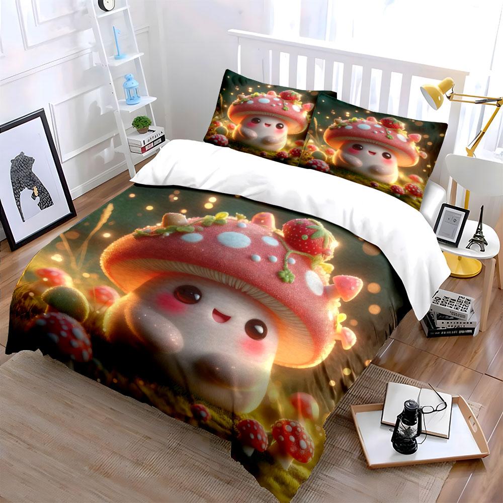 Cute Mushroom Trio Home Decoration Bedding Set With 1 Duvet Cover 2 Pillowcases Single Double King Queen, Gift