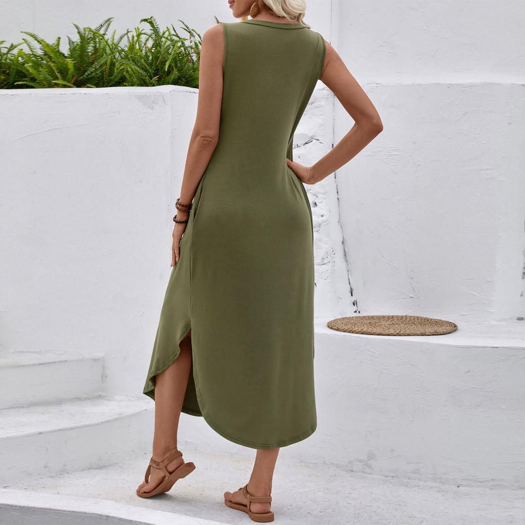 Women's Fashionable Color V-neck Sleeveless Vest Dress With Pleated A-line Beach Pocket Dress