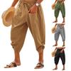 Men Cropped Pants Elastic Waist Solid Color Drawstring Soft Breathable Casual Patch Pockets Mid-calf Length Beach Trousers