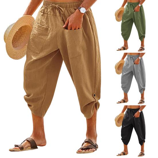 Men Cropped Pants Elastic Waist Solid Color Drawstring Soft Breathable Casual Patch Pockets Mid-calf Length Beach Trousers