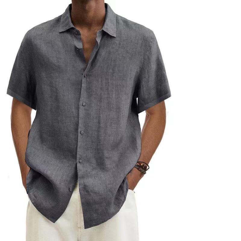 Summer V-neck Button Cotton and Linen Solid Color Men's Shirt Shirt Men Cotton Linen Shirt Men Pocket Casual Beach Short Sleeve Solid Color