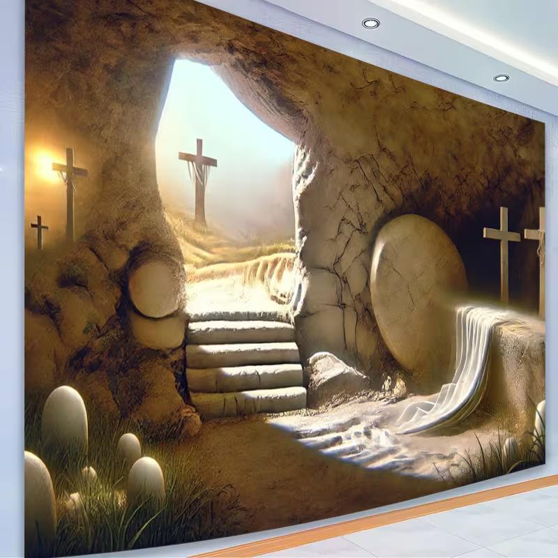 2D Christian Resurrection Backdrop, Empty Tomb with Cross Photography Background